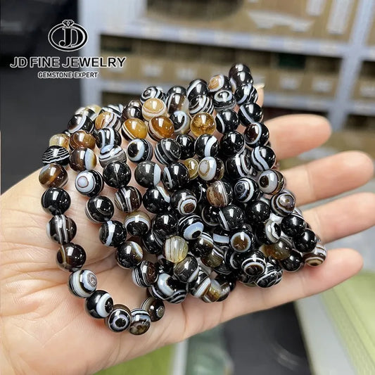 JD Natural Black Coffee Agate Stripes Onyx With Eyes Bead Bracelets Women