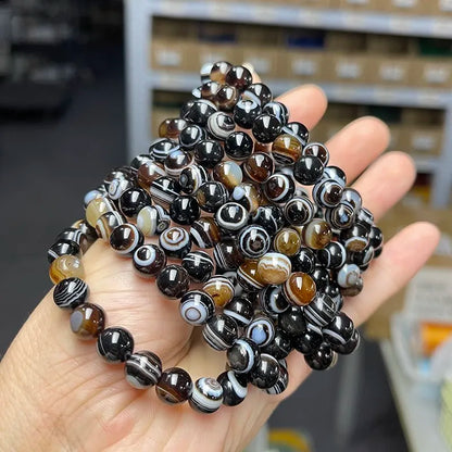JD Natural Black Coffee Agate Stripes Onyx With Eyes Bead Bracelets Women
